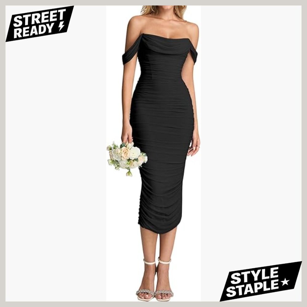 Off Shoulder Corset Midi Dress Bodycon Ruched Formal Wedding Guest